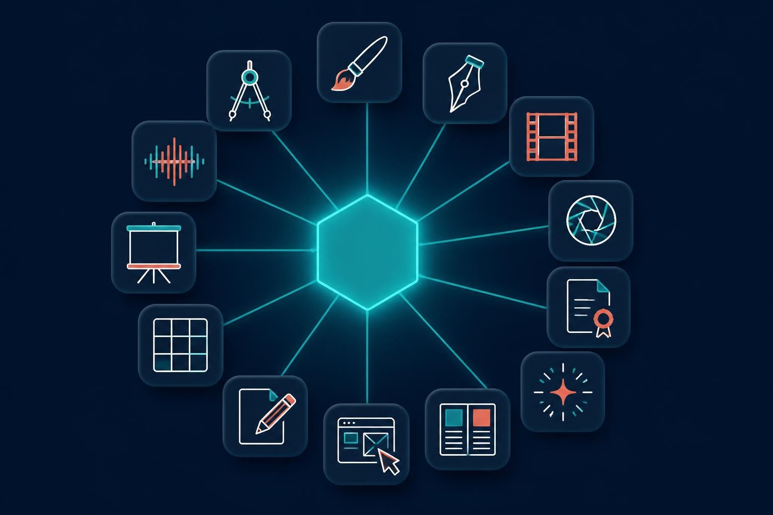 Illustrated map of the ArtCraft apps alternative lineup, with thirteen tool icons around a central hub