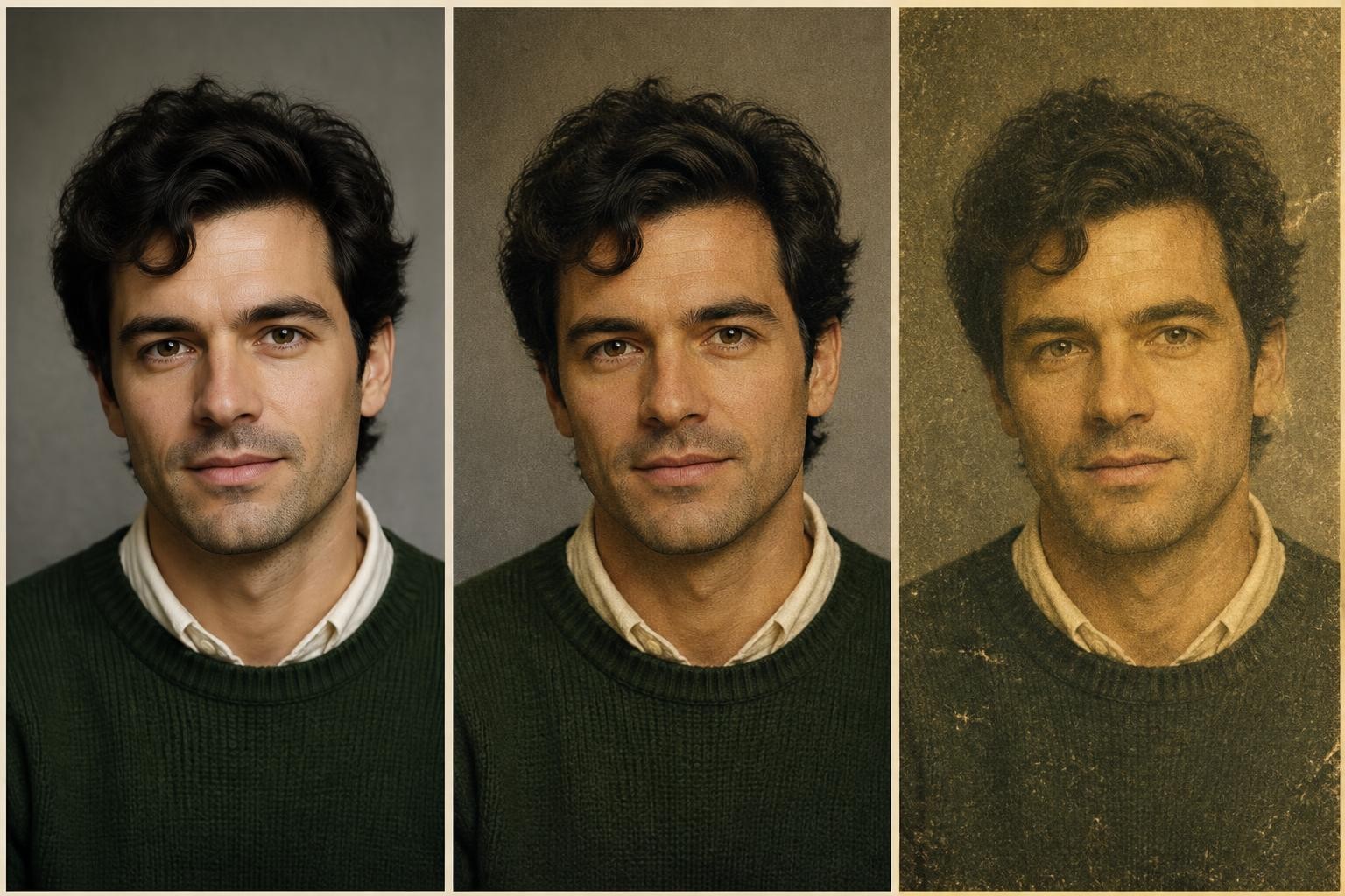 AI-generated portrait triptych illustrating clean detail, subtle film grain, and excessive photo aging