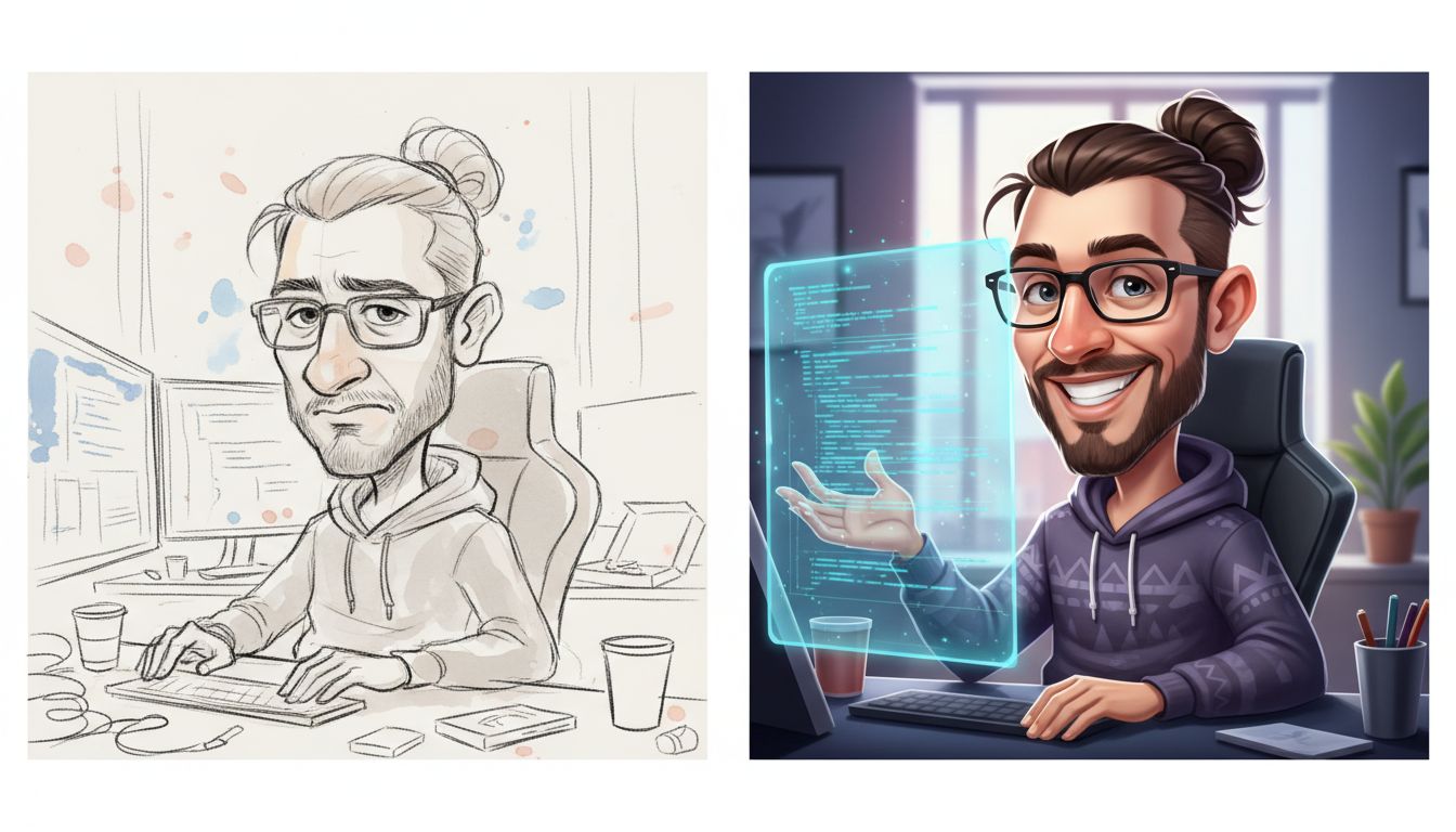 Split-scene comparison of one-shot generation versus iterative caricature refinement