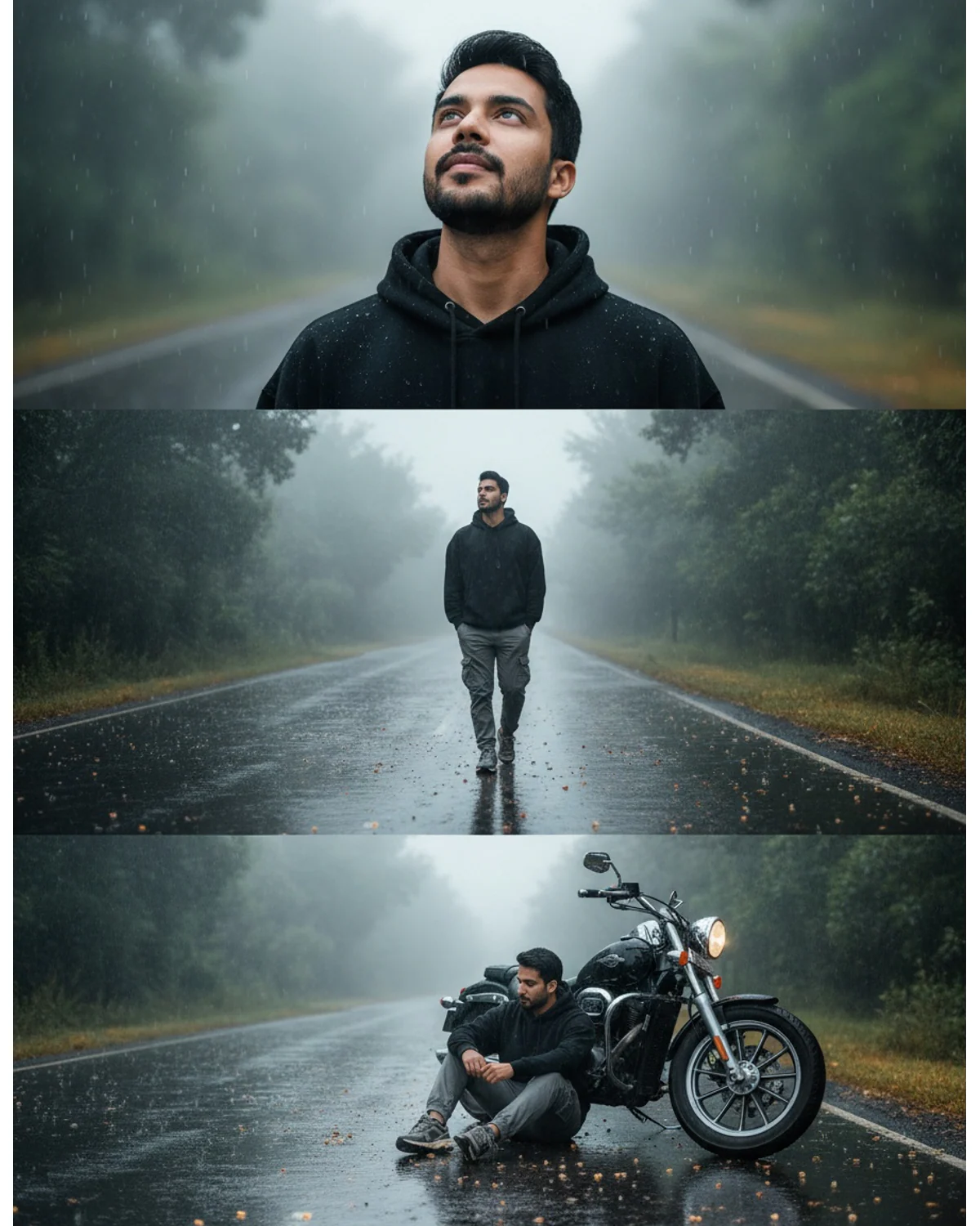 Biruli trending prompt for boys - rainy three-frame collage result keeping the same face