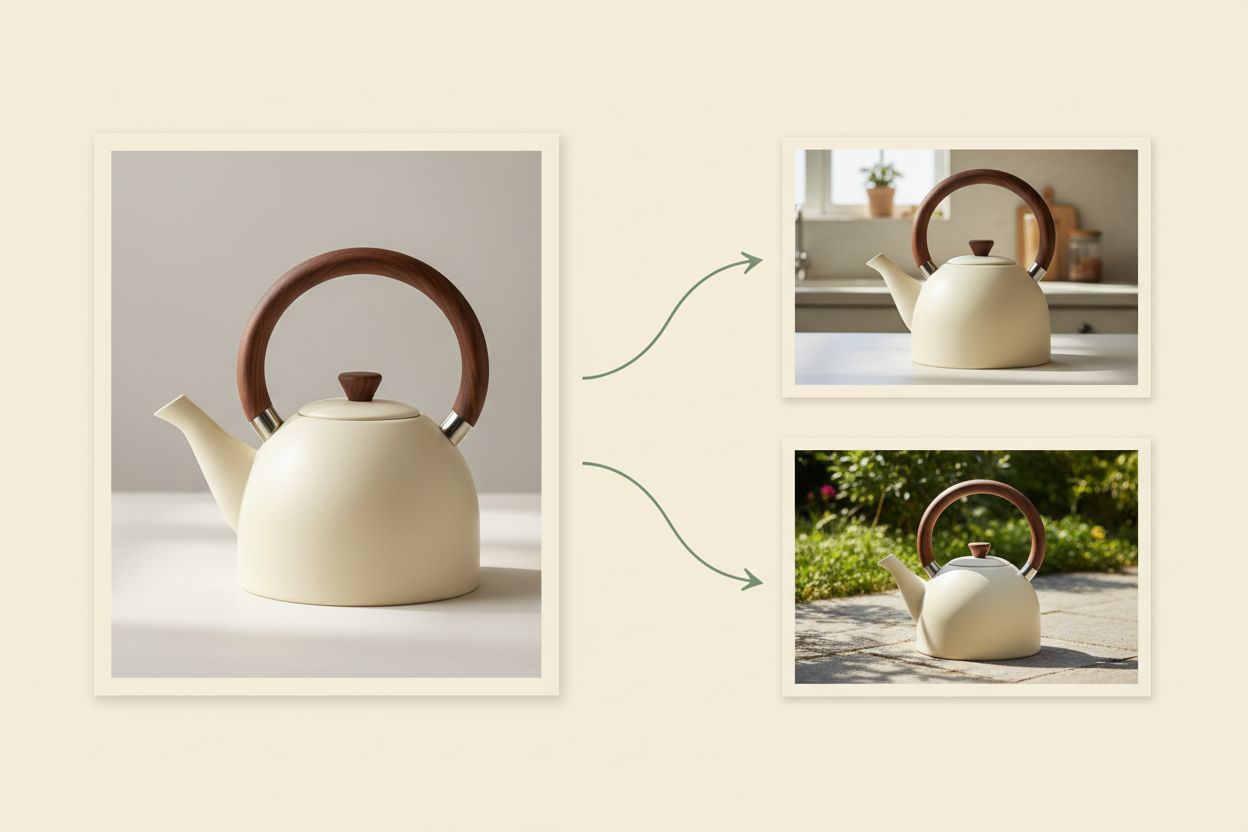 Conceptual editing sequence showing an approved kettle image branching into two controlled background variations