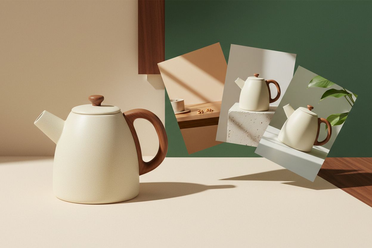 Conceptual Nano Banana 2.1 vs Pro workflow with a ceramic kettle shown in several campaign compositions