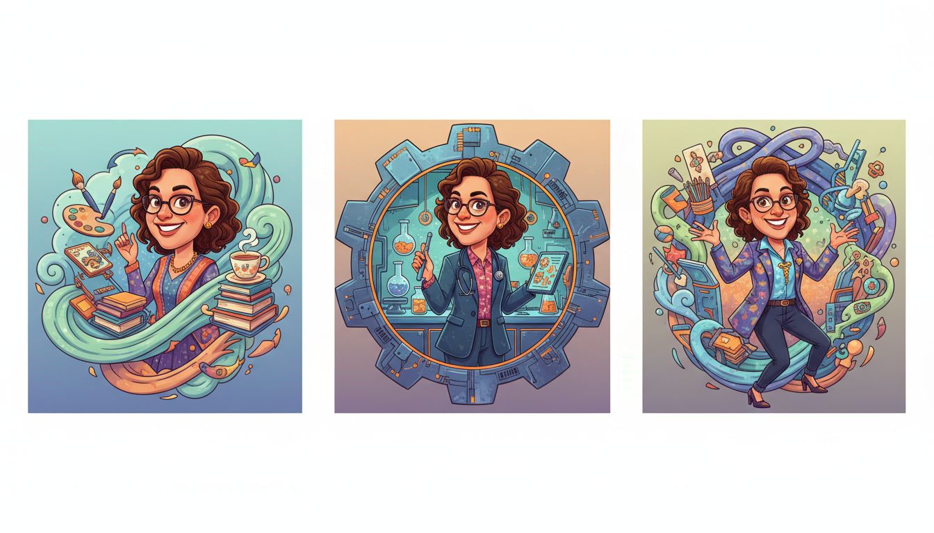 Three-tile collage showing identity anchor, profession anchor, and final caricature blend
