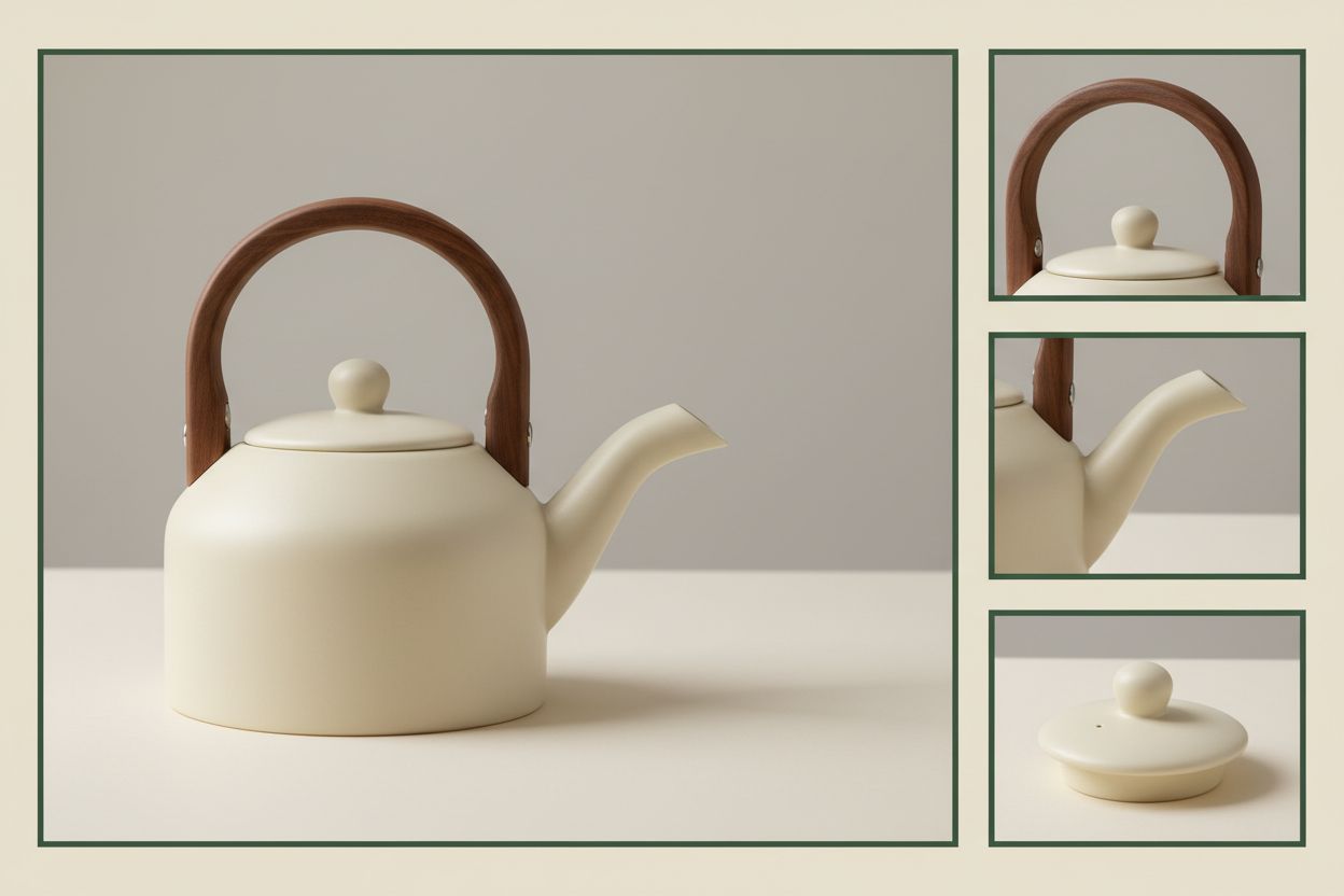 Conceptual inspection of a ceramic kettle showing the handle, spout, and lid that should survive an edit
