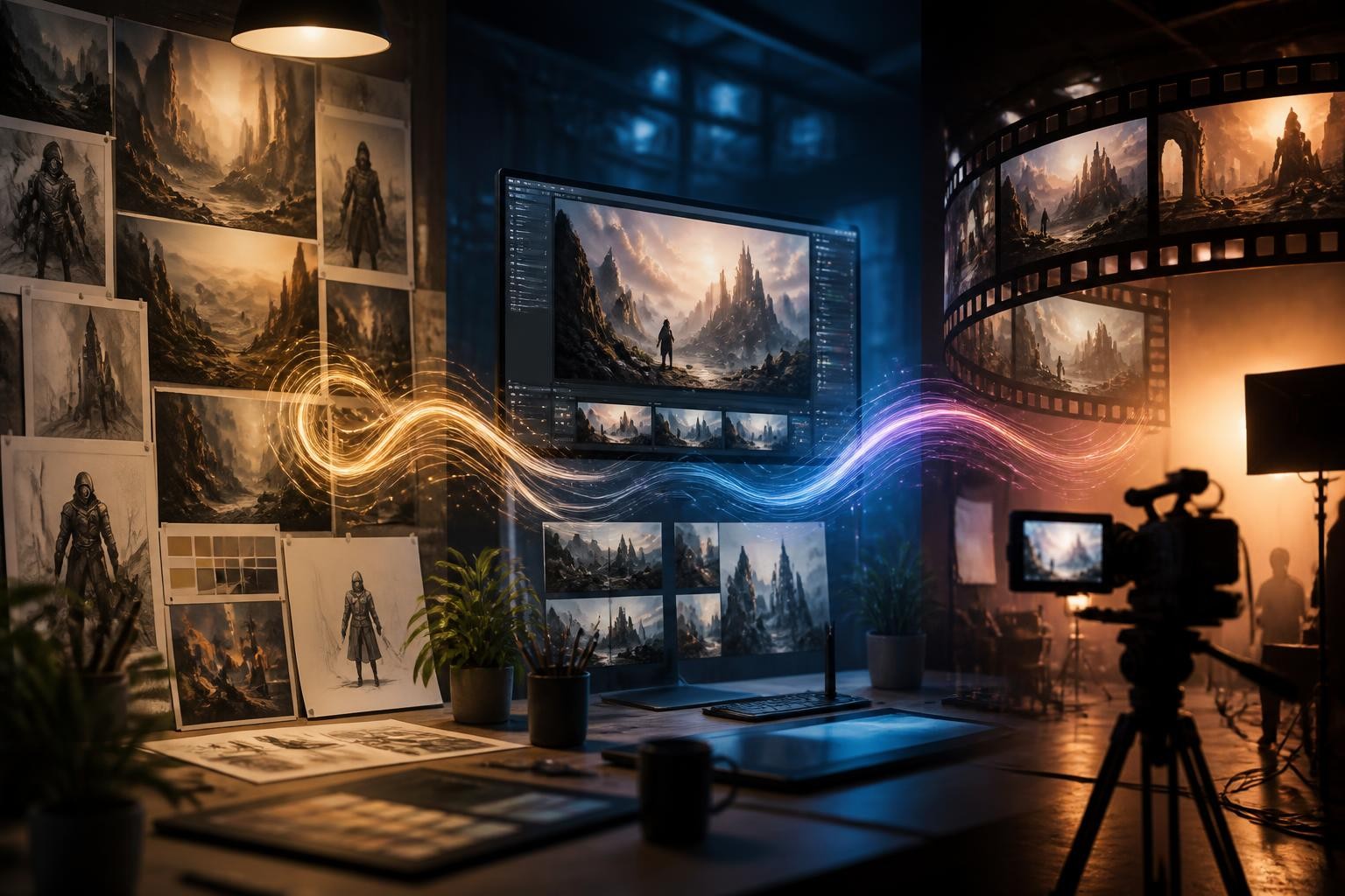 Illustration of a concept, source-image editing, and video production sequence