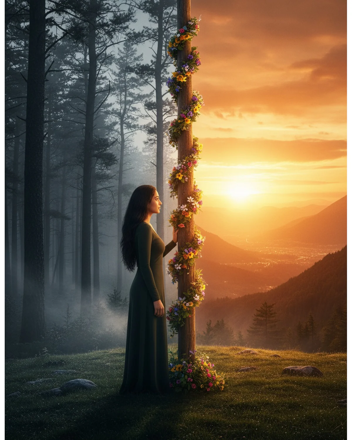 Biruli trending prompt for girls - split-tone cinematic poster with cold and warm halves