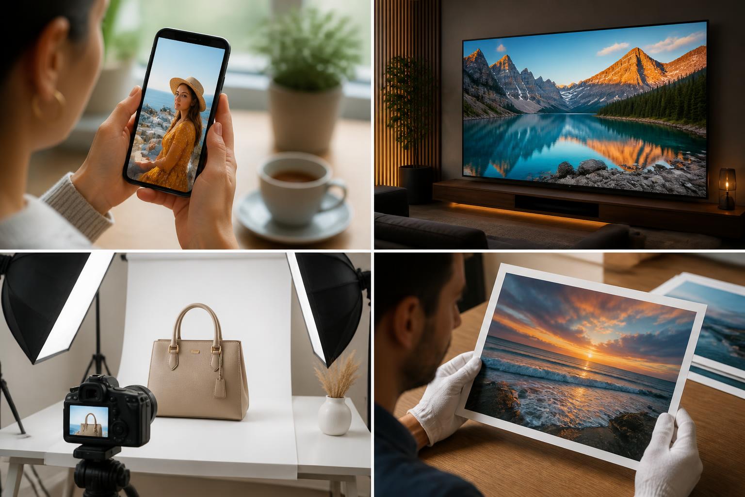 A visual decision scene showing different HD conversion use cases for web, 4K screens, ecommerce, and print
