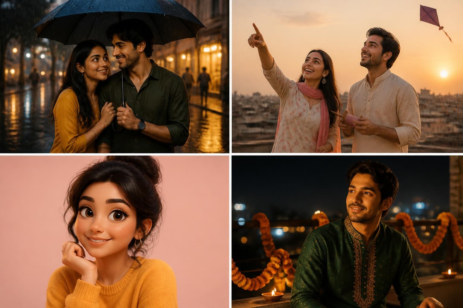 AI-generated prompt seen examples: a couple under an umbrella in rain, a rooftop couple at sunset, a 3D cartoon portrait, and a festive night portrait