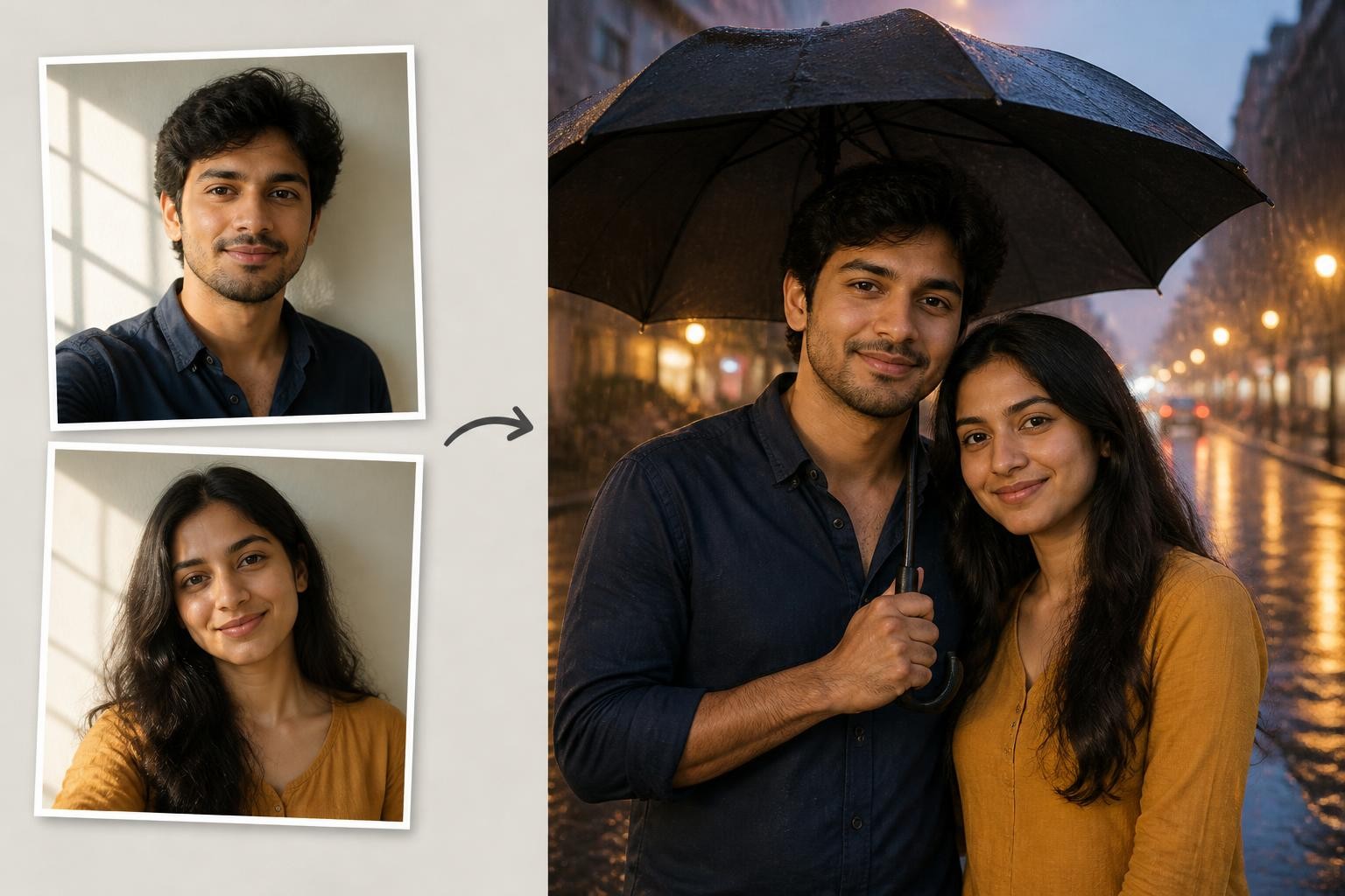 AI-generated illustration of two separate selfies combined into one prompt seen romantic couple scene under an umbrella