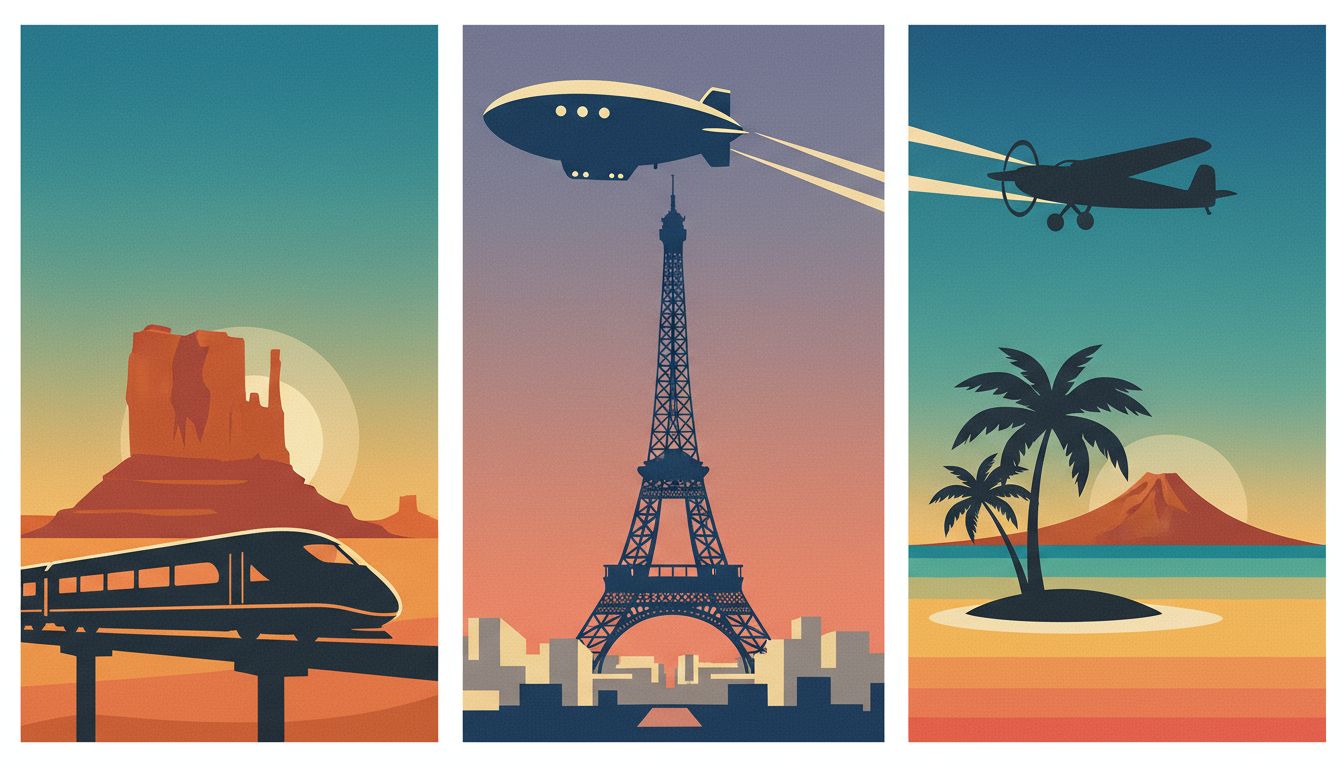 Six-panel collage of retro poster variations with distinct palettes and landmarks