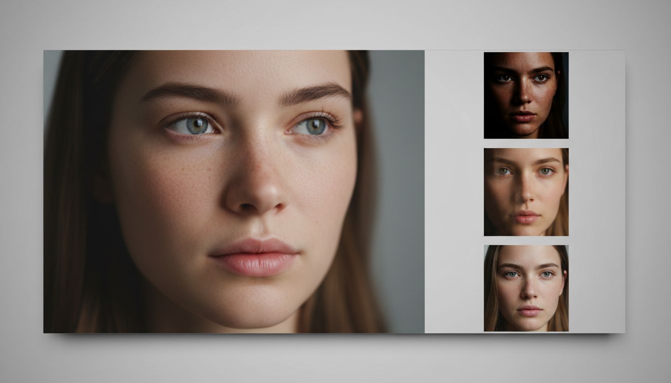 Portrait style board showing realistic AI human face outputs across lighting setups