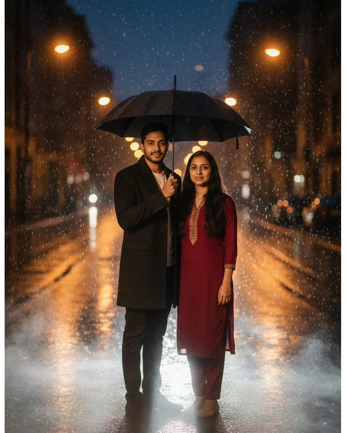 Biruli in photo for couples - rainy street umbrella portrait with both faces preserved