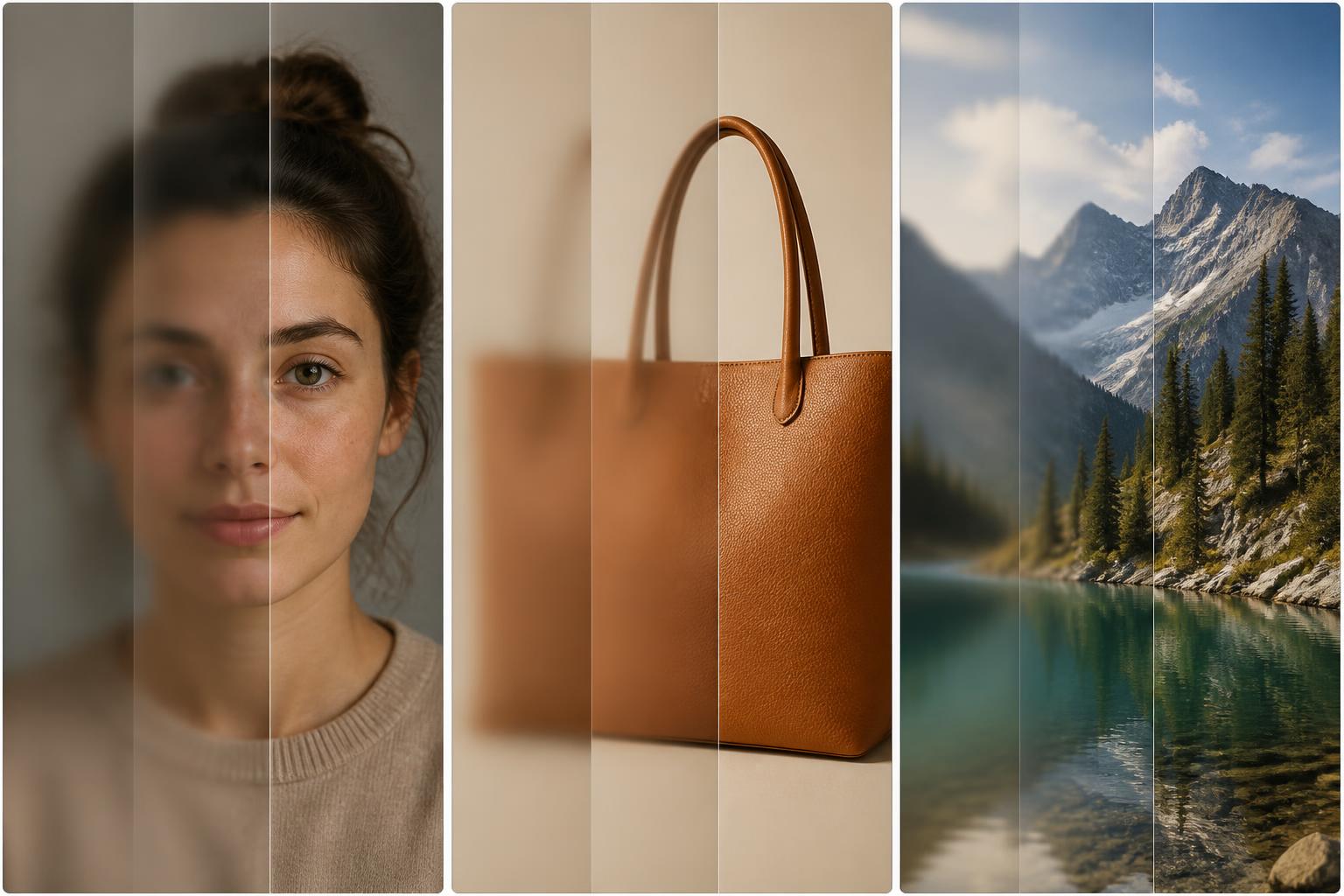 three visual tiles showing portrait product and landscape upscaling outcomes