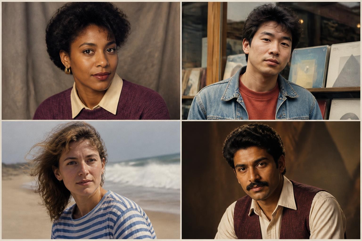 AI-generated 1980s photo prompt style collage with studio, denim, seaside, and Indian cinema portraits