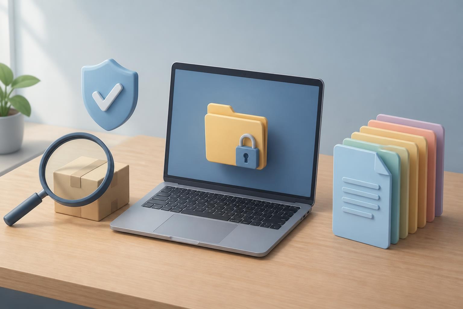 Illustrated safety checks before installing desktop apps: a verified package, a locked local folder and backup copies