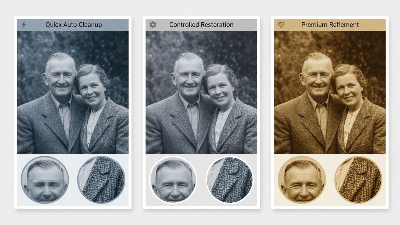 Old Photo Restoration Online multi-tool workflow for scratch and crease removal