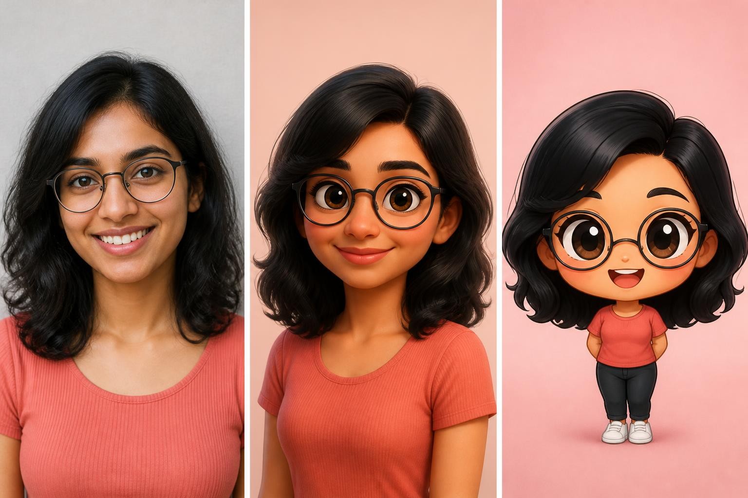 AI-generated prompt seen cartoon comparison showing the same woman as a photo, a light 3D character, and a chibi avatar