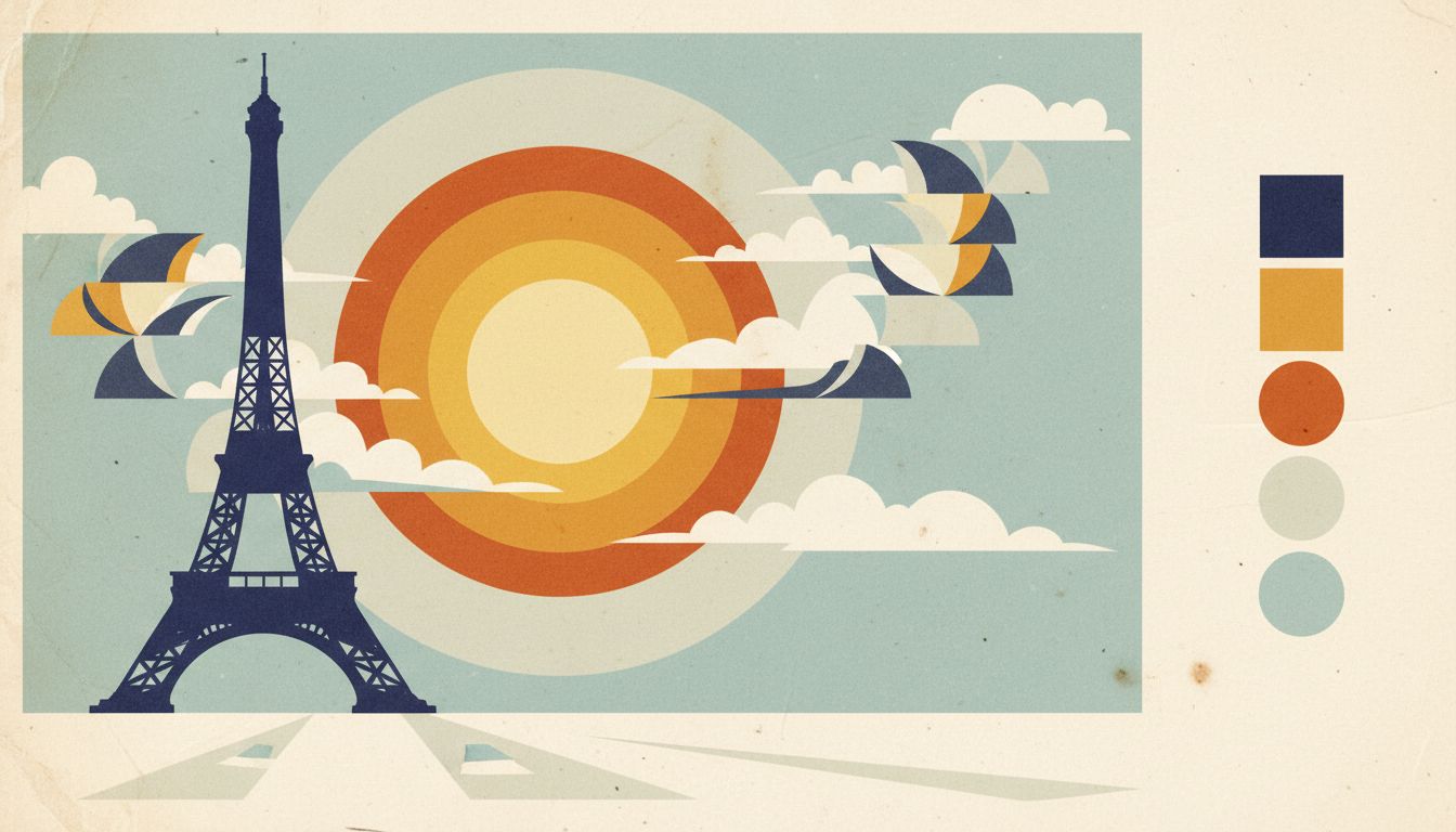 Retro travel poster concept board with landmark silhouette and limited color palette