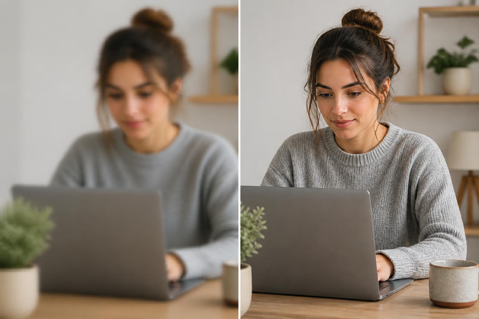 A soft low-resolution photo becoming a sharper HD version in a clean editing workspace