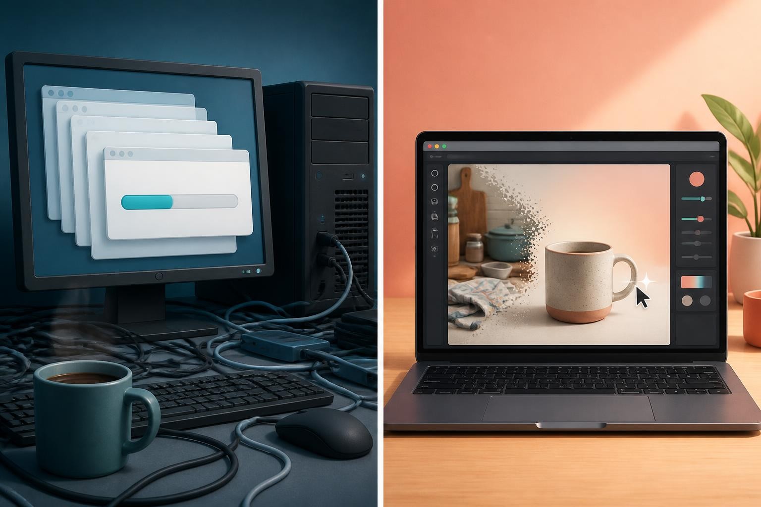 Desktop suite installation versus a no-install ArtCraft apps alternative editing a photo in a browser window