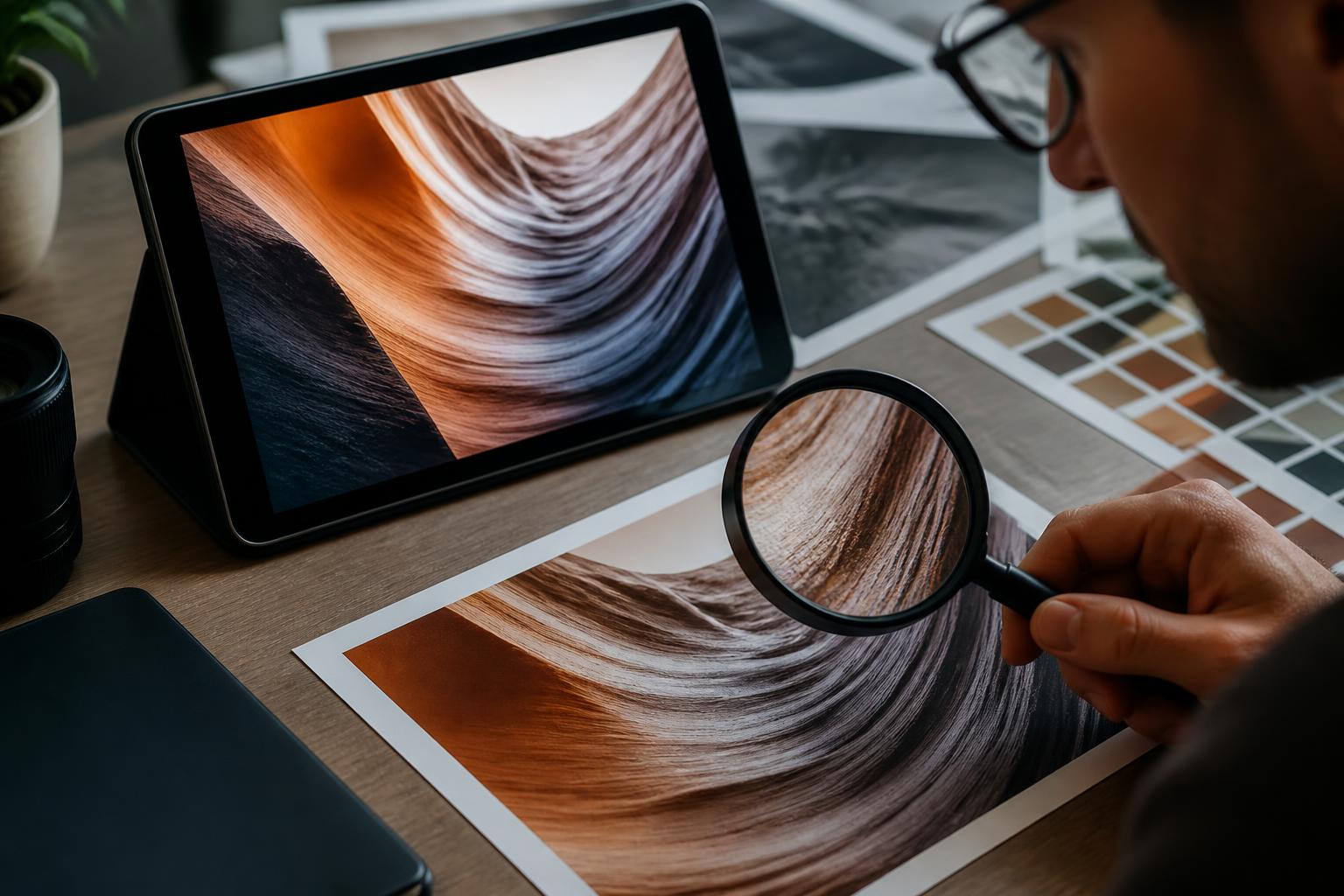 A realistic workspace showing an enhanced image being reviewed closely before export