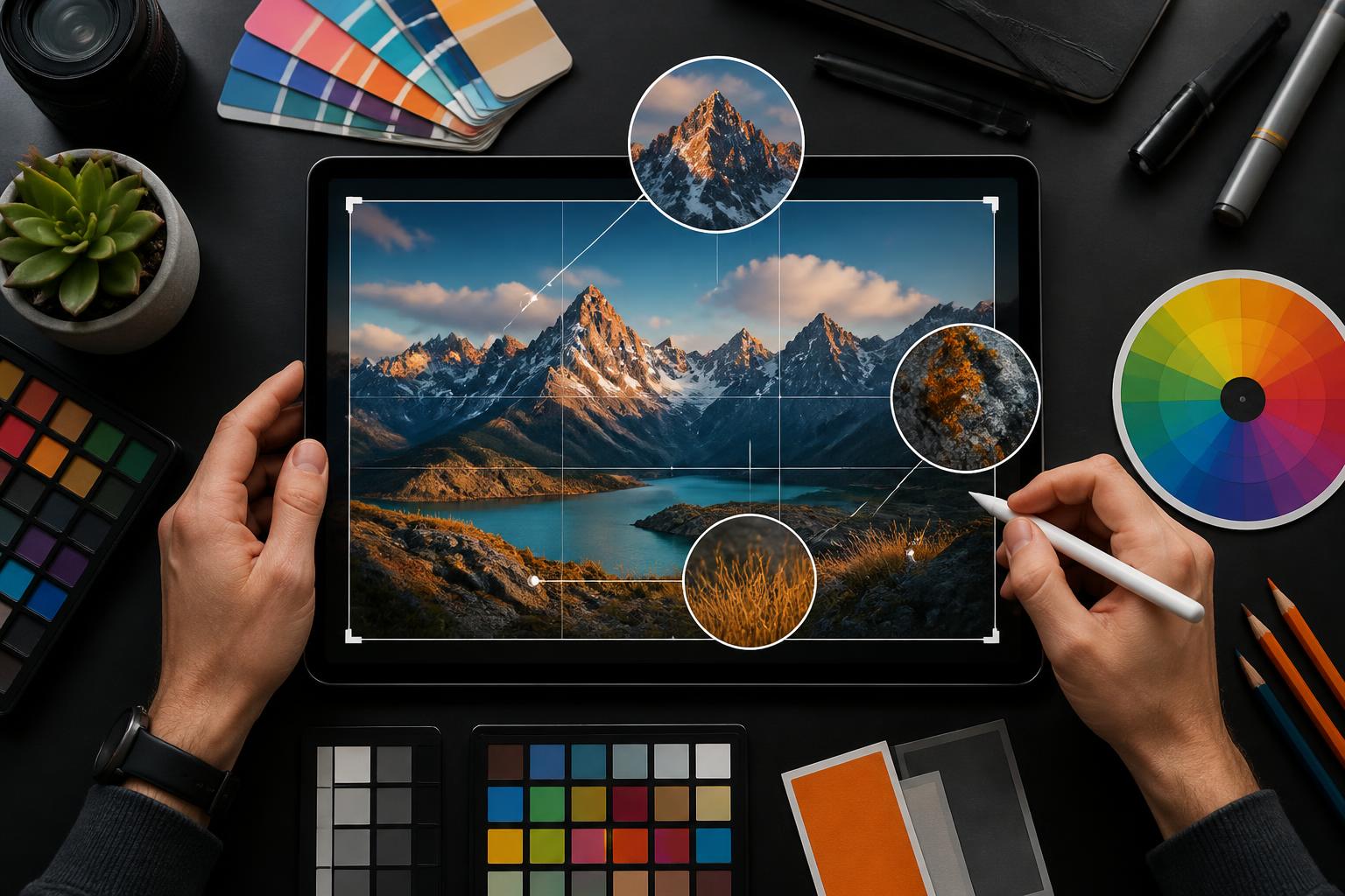 editorial workspace with image refinement stages and quality inspection