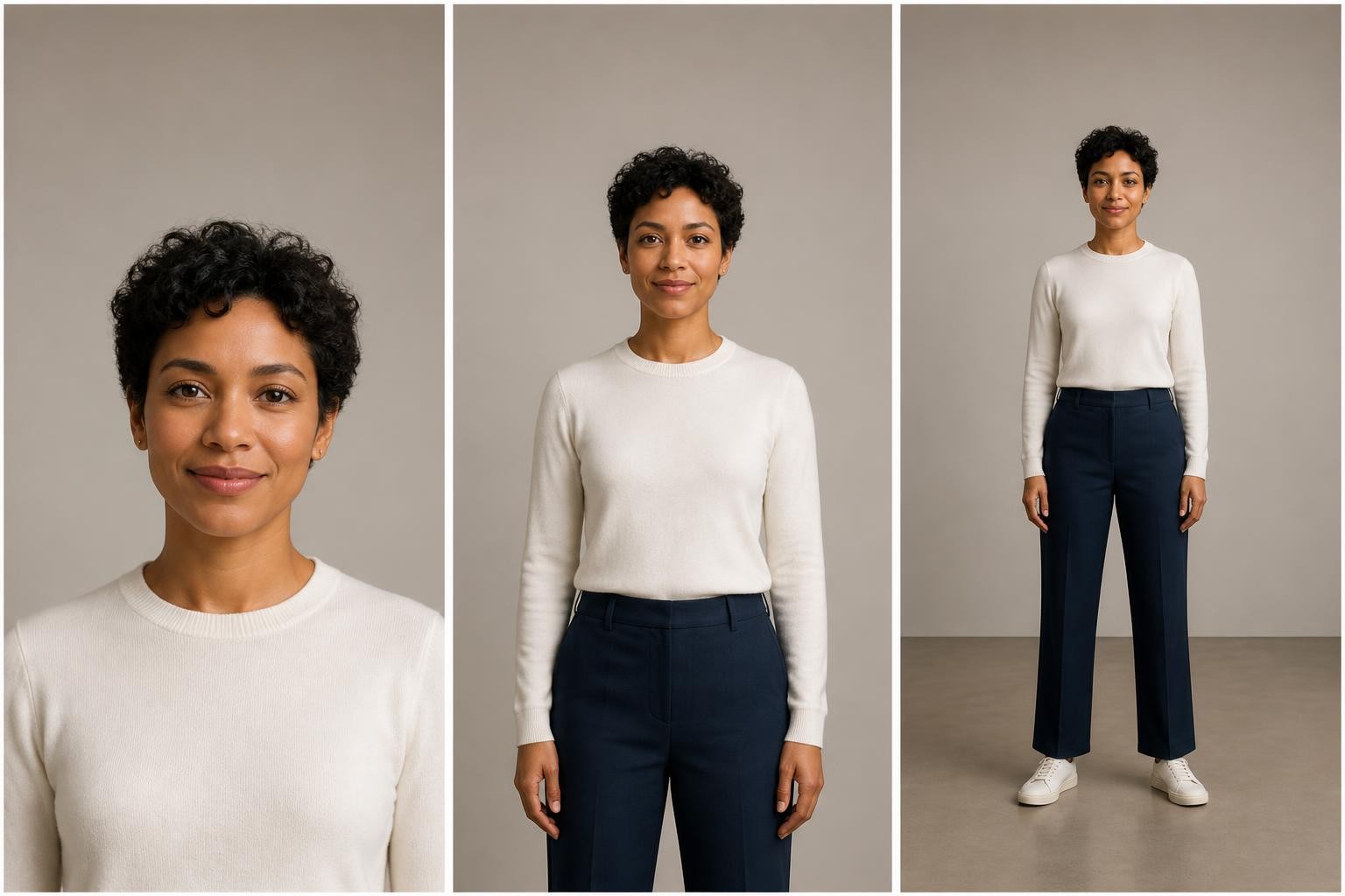AI-generated examples of close-up, three-quarter, and full-body reference framing for retro photo edits